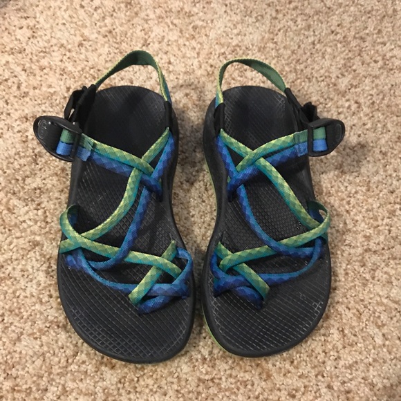 blue and green chacos